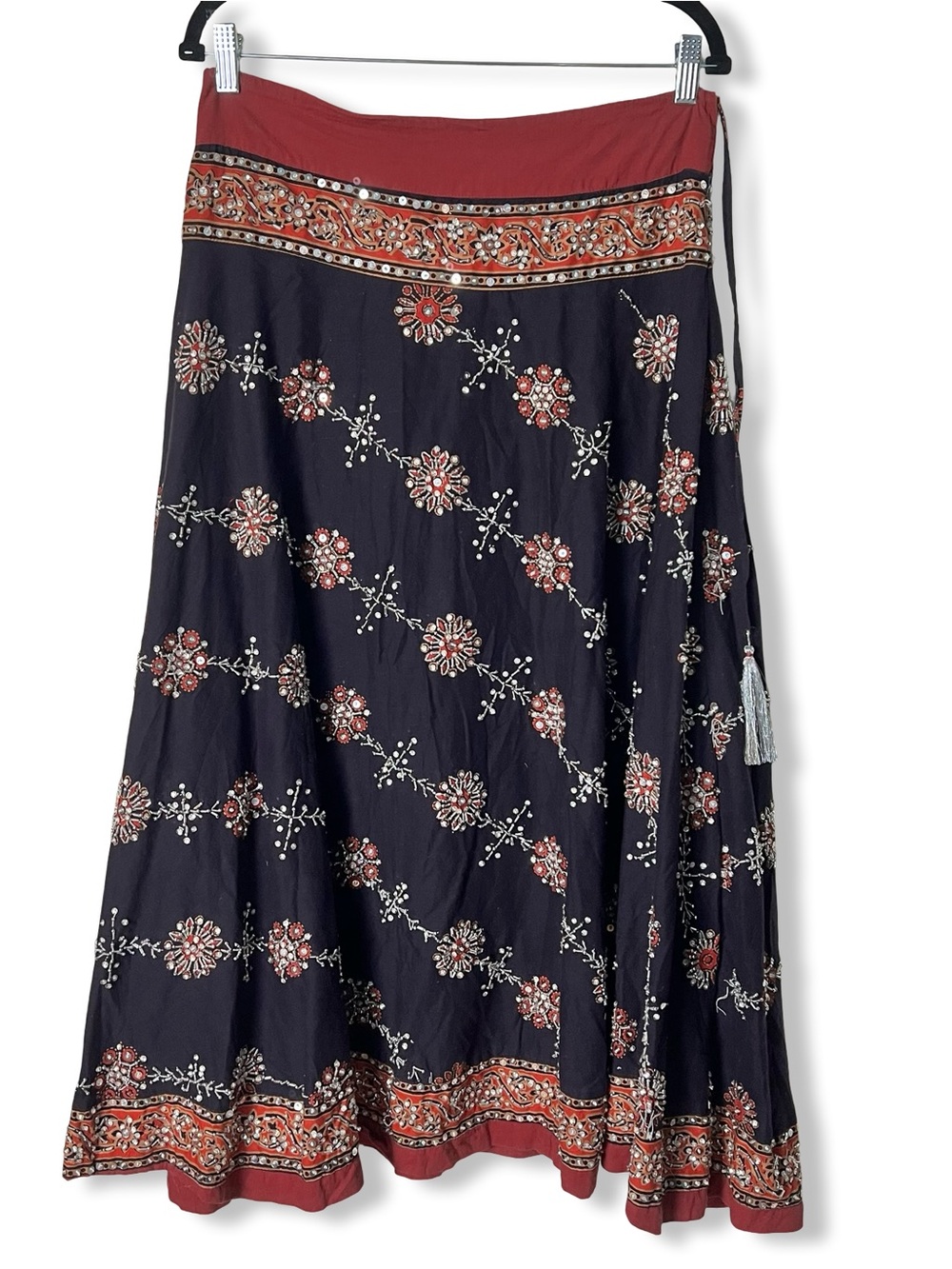 Soft Surroundings Vintage Embroidered Beaded Boho Maxi Skirt Side Tie Tassel L